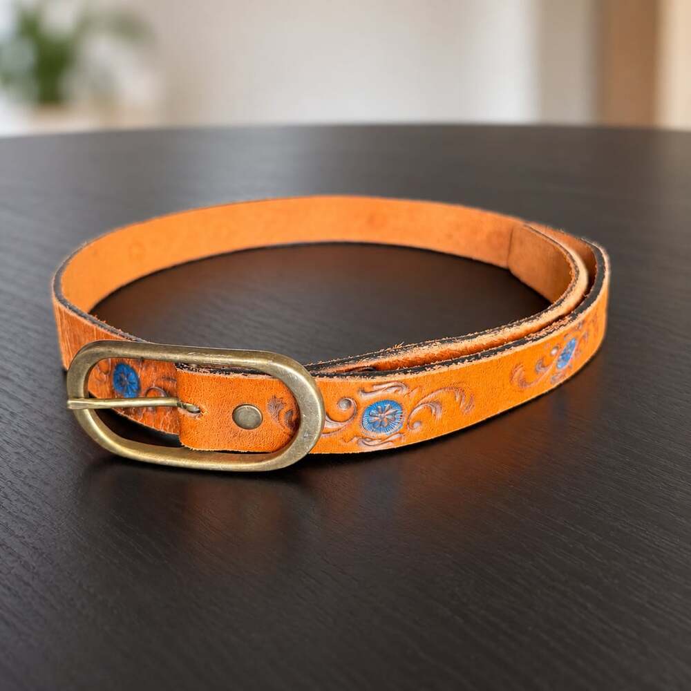 Vintage Tooled Tan Leather Belt 30 Brass Buckle Painted Floral Boho